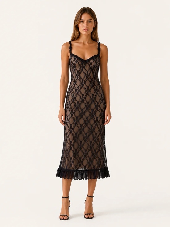 Commense Dresses & Skirts - Commense Lace Patchwork Cami Midi Dress Black Nude NWT